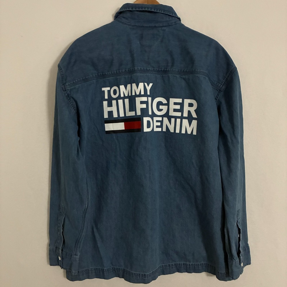 Vtg Tommy Hilfiger Denim Shirt Jacket Mens XL Full Zip Logo Flag Shacket Y2K